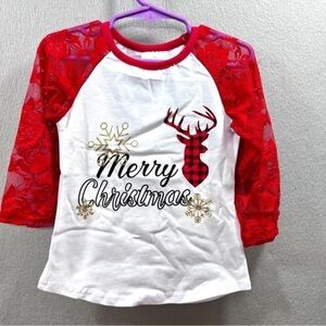 Christmas Lace Raglan Sleeve T Shirt Red and White - Small